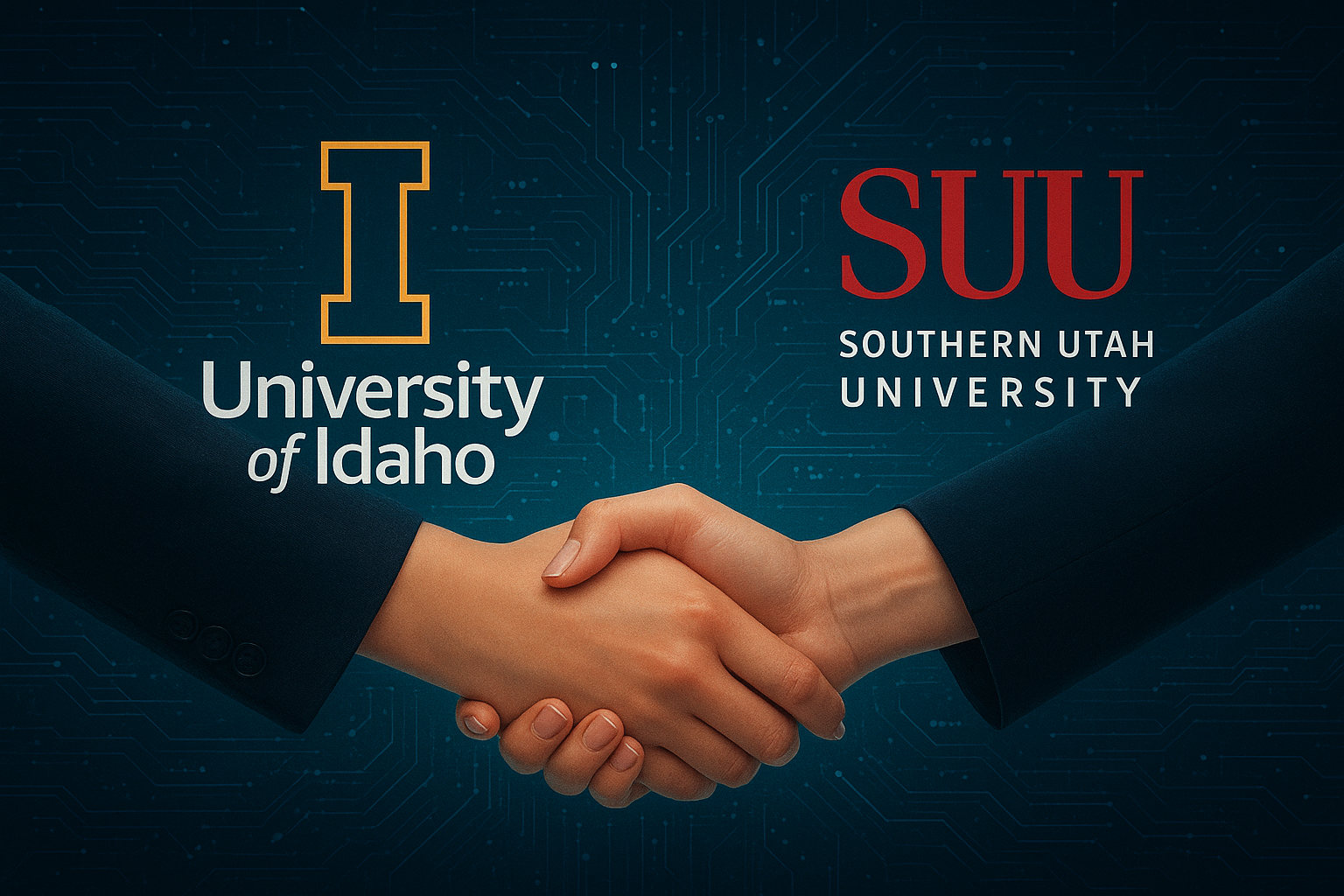 a handshake with the logos of university of idaho and southern utah university