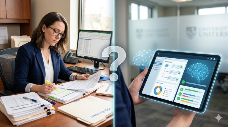 A split-screen conceptual image comparing manual and AI-assisted work. On the left, a female professional at a desk reviews physical paperwork and folders labeled 'IRB Reviews' and 'Grant Compliance' with a highlighter. On the right, hands hold a sleek digital tablet displaying data dashboards and glowing, stylized AI brain graphics. A glowing question mark sits on the dividing line between the two sides, questioning the difference in how the work is accomplished.