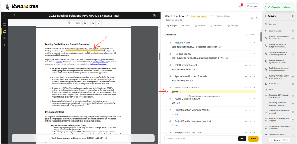 Vandalizer showing an extracted field value linked to its highlighted source sentence in the PDF.